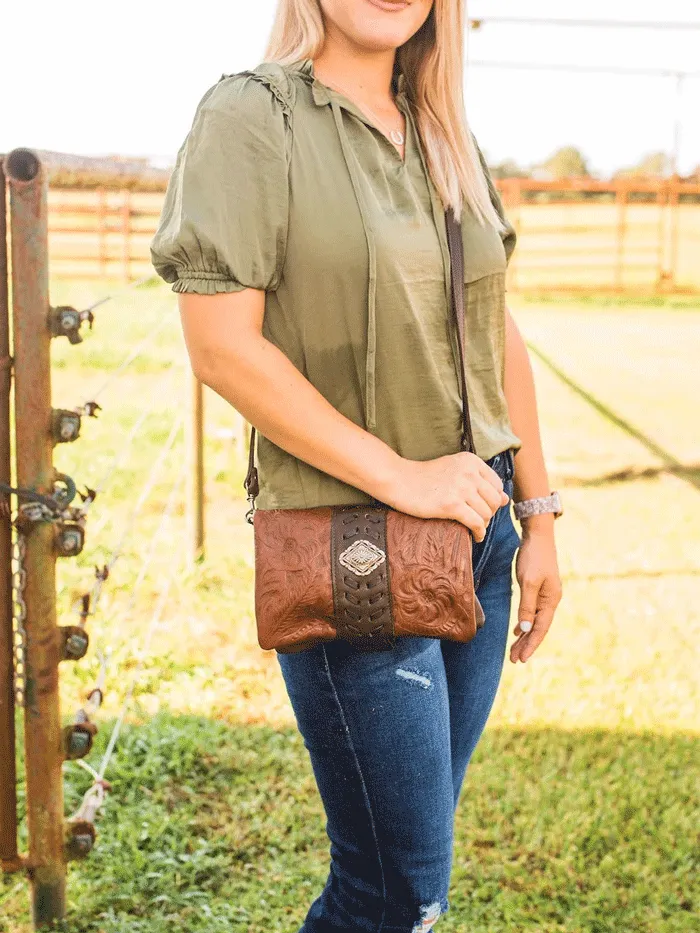 American West 7783078 Ladies Grab-and-Go Foldover Crossbody Distressed Charcoal Brown