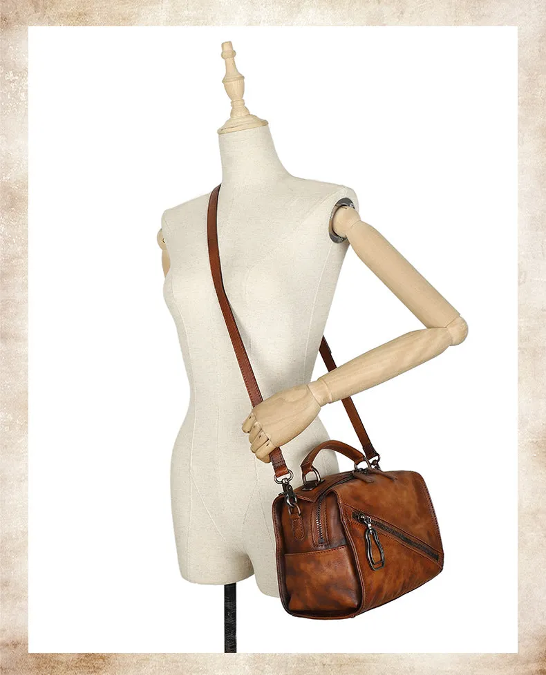 Best Brown Leather Womens Buston Handbag Handmade Cube Handbag Crossbody Purse for Ladies