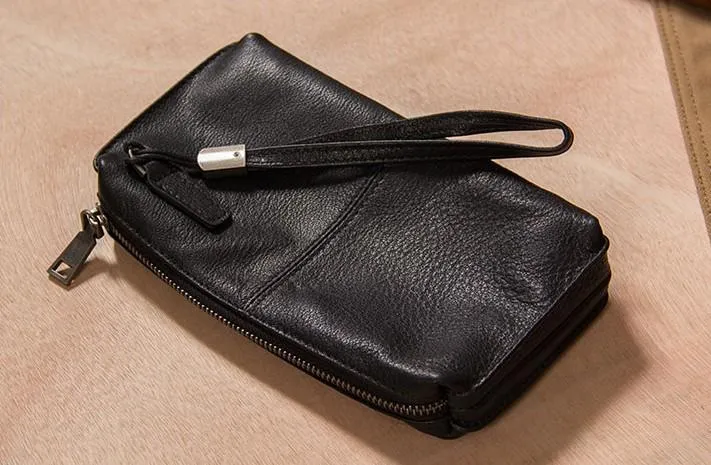 Black Leather Mens Clutch Wallet Wristlet Wallet Zipper Clutch for Men