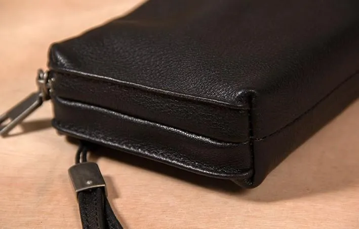 Black Leather Mens Clutch Wallet Wristlet Wallet Zipper Clutch for Men