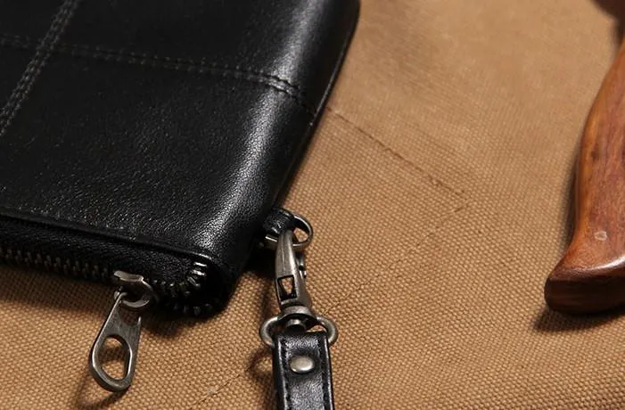 Black Leather Mens Clutch Wristlet Wallet Zipper Clutch Bag for Men