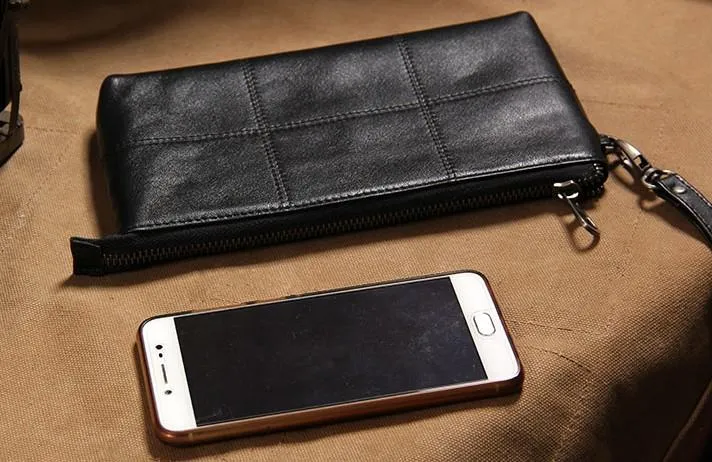 Black Leather Mens Clutch Wristlet Wallet Zipper Clutch Bag for Men