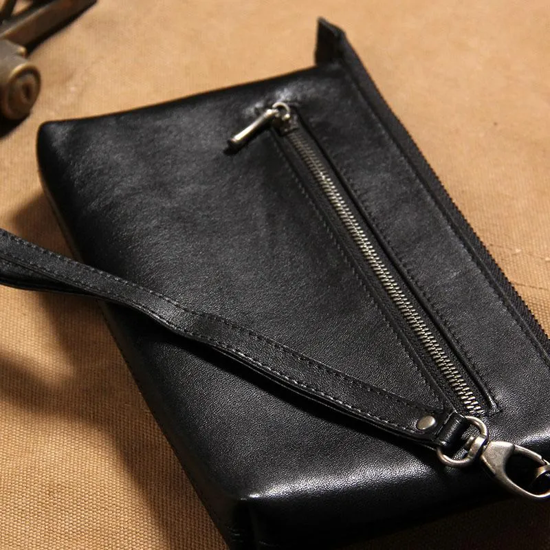 Black Leather Mens Clutch Wristlet Wallet Zipper Clutch Bag for Men