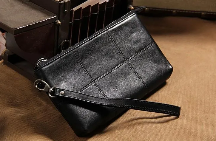 Black Leather Mens Clutch Wristlet Wallet Zipper Clutch Bag for Men