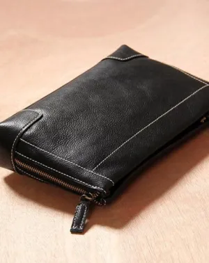 Black Leather Mens Wristlet Wallet Zipper Clutch Wallet for Men