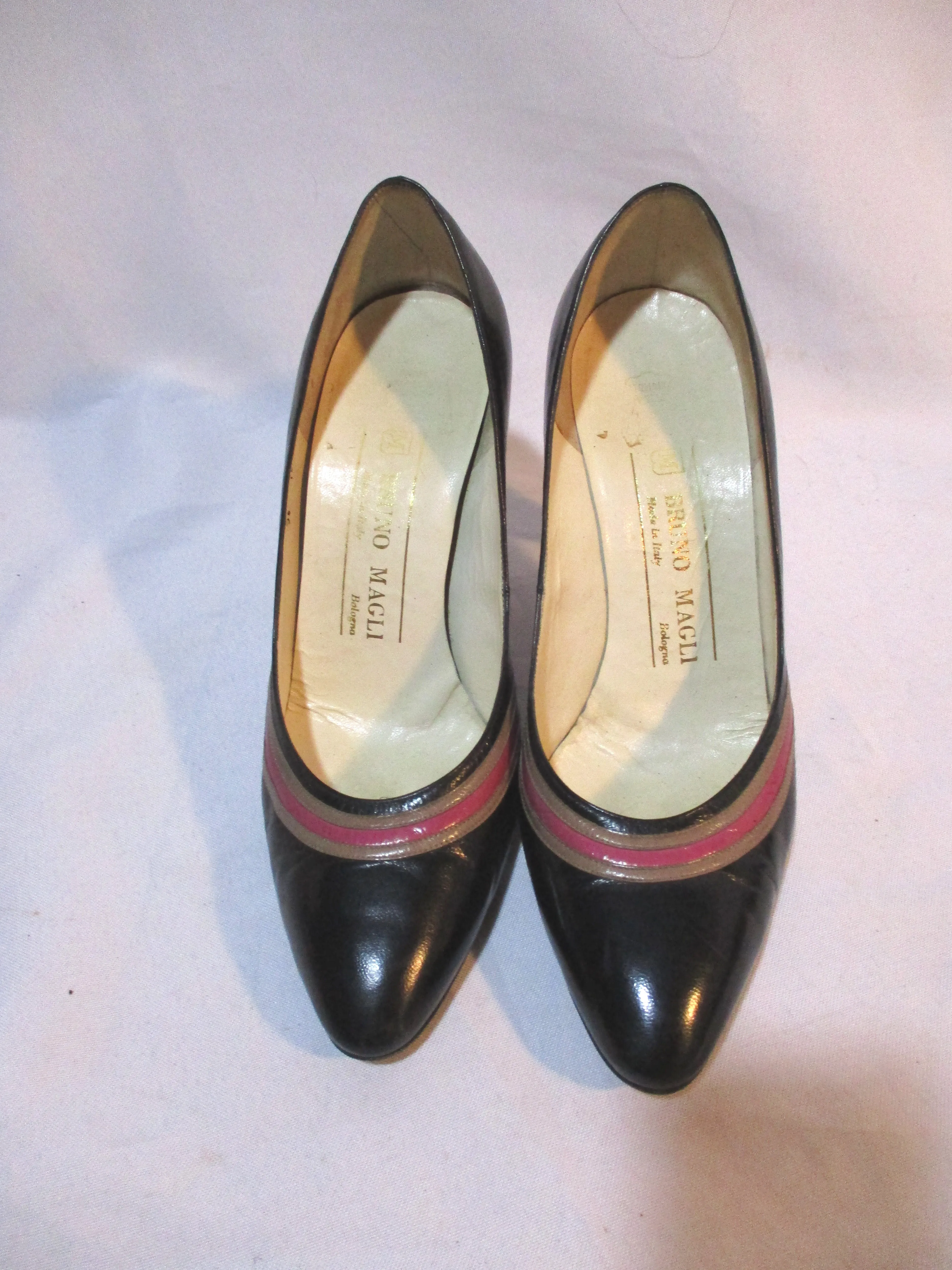 BRUNO MAGLI ITALY LEATHER Pump Shoe BLACK 36 High Heel Stripe PINK BEIGE