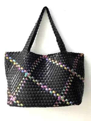 Hand Weave PU Vegan Leather Tote Bag- Black Metallic Pastel