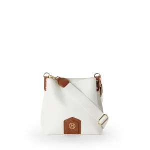 NAOMI Vegan Crossbody Bucket Bag in White   Camel