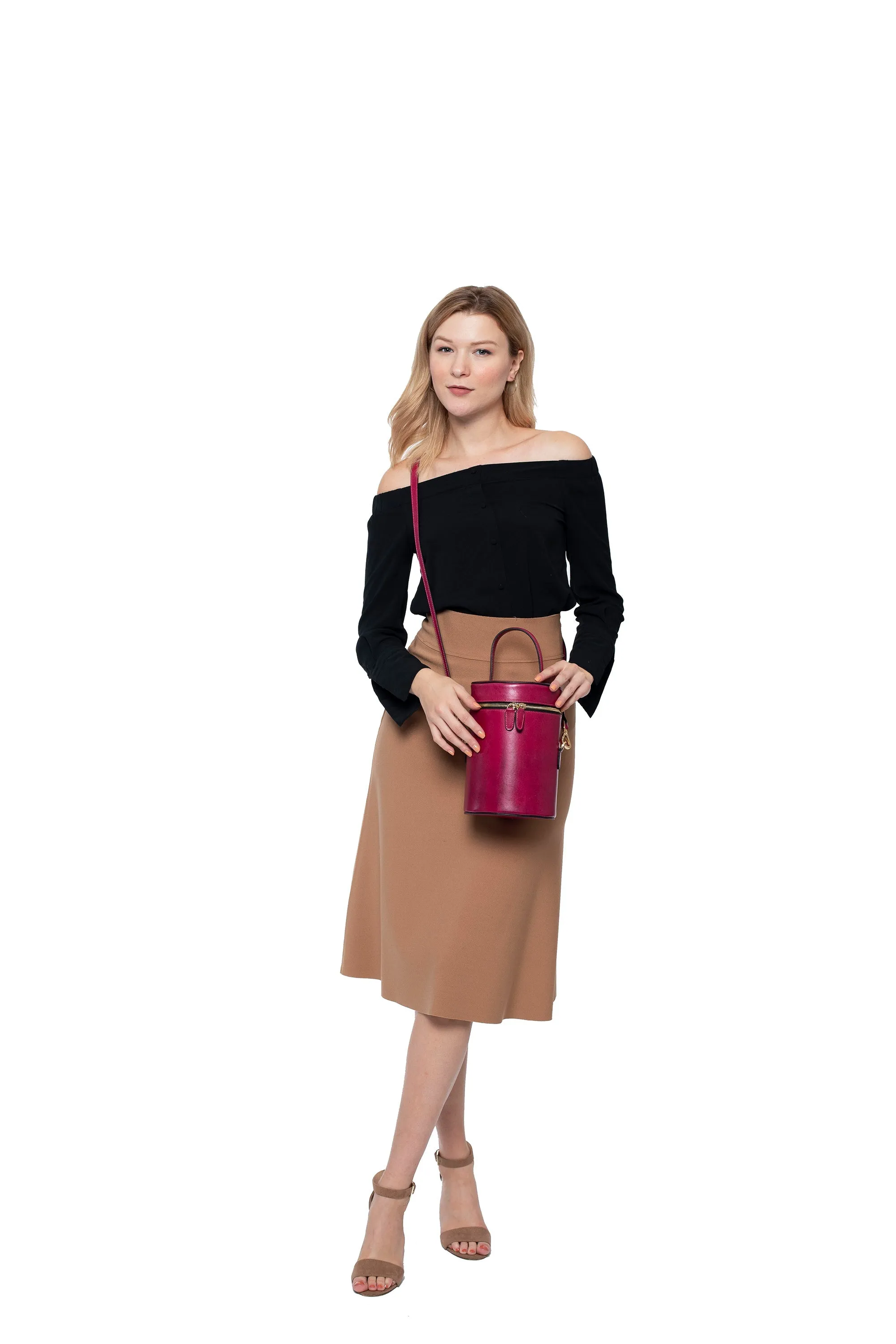 SSW - Cylindrical Bucket Leather Bag in Sangria Red