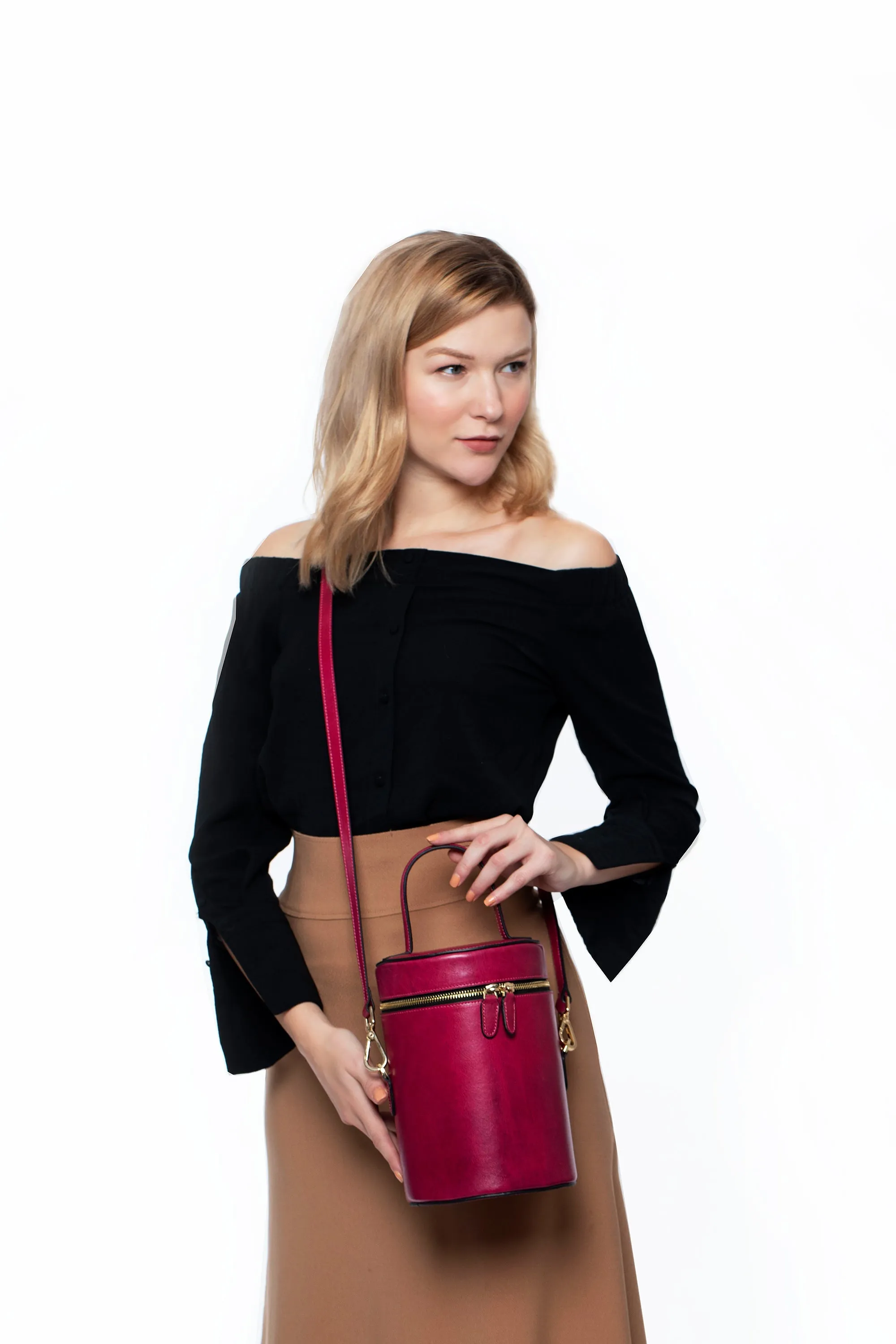 SSW - Cylindrical Bucket Leather Bag in Sangria Red