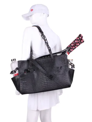 The Long Tennis Tote - Black Vegan Alligator